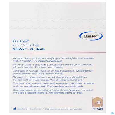 Sie sehen eine Packung Vlieskompressen 4fach Steril 7,5x 7,5cm 2x25 50st, Produktbild: 02 Vlieskompressen 4fach Steril 7,5x 7,5cm 2x25 50st, A-Nr.: 4772283 - 02