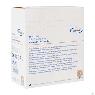 Sie sehen eine Packung Vlieskompressen 4fach Steril 7,5x 7,5cm 2x25 50st, Produktbild: 03 Vlieskompressen 4fach Steril 7,5x 7,5cm 2x25 50st, A-Nr.: 4772283 - 03