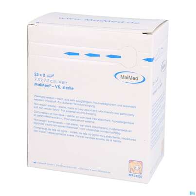 Sie sehen eine Packung Vlieskompressen 4fach Steril 7,5x 7,5cm 2x25 50st, Produktbild: 04 Vlieskompressen 4fach Steril 7,5x 7,5cm 2x25 50st, A-Nr.: 4772283 - 04