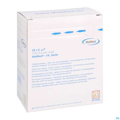 Sie sehen eine Packung Vlieskompressen 4fach Steril 7,5x 7,5cm 2x25 50st, Produktbild: 05 Vlieskompressen 4fach Steril 7,5x 7,5cm 2x25 50st, A-Nr.: 4772283 - 05