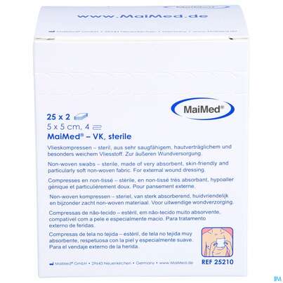 Sie sehen eine Packung Vlieskompressen 4fach Steril 5x 5cm 2x25 25210 50st, Produktbild: 01 Vlieskompressen 4fach Steril 5x 5cm 2x25 25210 50st, A-Nr.: 4781224 - 01