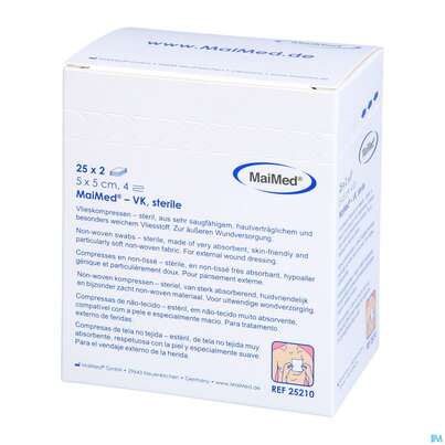 Sie sehen eine Packung Vlieskompressen 4fach Steril 5x 5cm 2x25 25210 50st, Produktbild: 04 Vlieskompressen 4fach Steril 5x 5cm 2x25 25210 50st, A-Nr.: 4781224 - 04