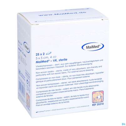 Sie sehen eine Packung Vlieskompressen 4fach Steril 5x 5cm 2x25 25210 50st, Produktbild: 05 Vlieskompressen 4fach Steril 5x 5cm 2x25 25210 50st, A-Nr.: 4781224 - 05