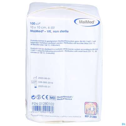 Sie sehen eine Packung Vlieskompressen 6fach Unsteril 10x 10cm 21280 100st, Produktbild: 01 Vlieskompressen 6fach Unsteril 10x 10cm 21280 100st, A-Nr.: 4772343 - 01