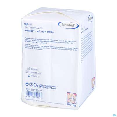 Sie sehen eine Packung Vlieskompressen 6fach Unsteril 10x 10cm 21280 100st, Produktbild: 02 Vlieskompressen 6fach Unsteril 10x 10cm 21280 100st, A-Nr.: 4772343 - 02