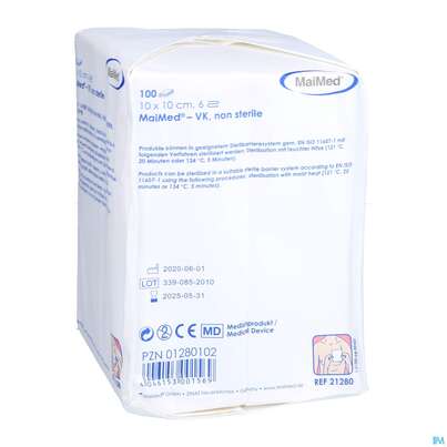 Sie sehen eine Packung Vlieskompressen 6fach Unsteril 10x 10cm 21280 100st, Produktbild: 03 Vlieskompressen 6fach Unsteril 10x 10cm 21280 100st, A-Nr.: 4772343 - 03