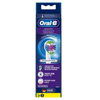 Sie sehen eine Packung Oral-B Aufsteckbürsten Clean 3D White CleanMaximizer 3er, Produktbild: 01 Oral-B Aufsteckbürsten Clean 3D White CleanMaximizer 3er, A-Nr.: 4492744 - 01