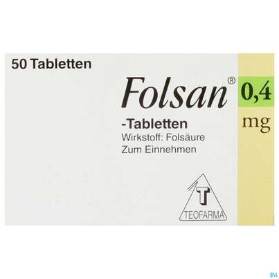 Sie sehen eine Packung Folsan Tabl 0,4mg 50st, Produktbild: 01 Folsan Tabl 0,4mg 50st, A-Nr.: 2423242 - 01