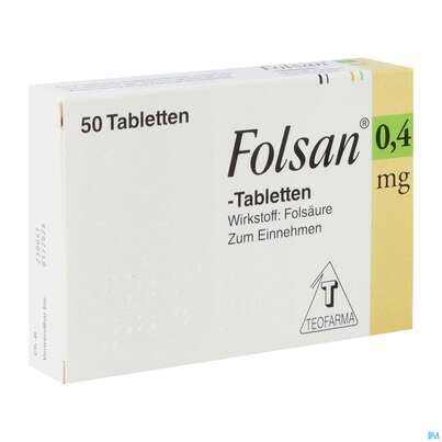 Sie sehen eine Packung Folsan Tabl 0,4mg 50st, Produktbild: 02 Folsan Tabl 0,4mg 50st, A-Nr.: 2423242 - 02
