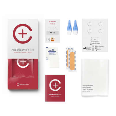 Sie sehen eine Packung cerascreen Antioxidantien Test, Produktbild: 02 cerascreen Antioxidantien Test, A-Nr.: 5705225 - 02