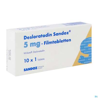 Sie sehen eine Packung Desloratadin-Sandoz Filmtabl 5mg 10st, Produktbild: 02 Desloratadin-Sandoz Filmtabl 5mg 10st, A-Nr.: 3909900 - 02