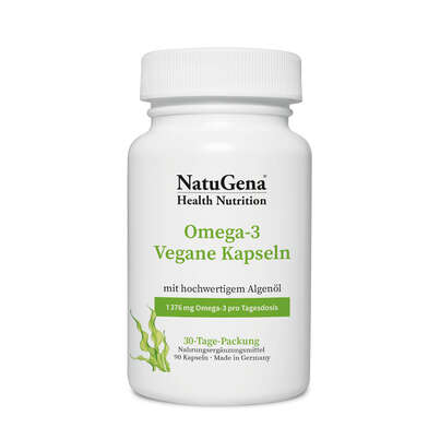 Sie sehen eine Packung NatuGena Omega-3 Vegane Kapseln, Produktbild: 01 NatuGena Omega-3 Vegane Kapseln, A-Nr.: 5847310 - 01