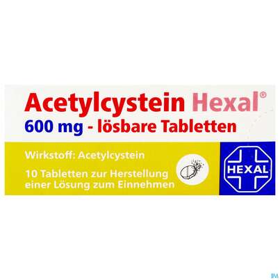 Sie sehen eine Packung Acetylcystein-hexal Lösbare Tabl 600mg 10st, Produktbild: 01 Acetylcystein-hexal Lösbare Tabl 600mg 10st, A-Nr.: 3771689 - 01