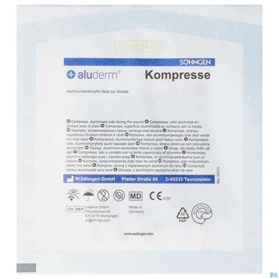 Sie sehen eine Packung Kompressen Aluderm Einzeln Steril 7,5x 7,5cm 1st, Produktbild: 01 Kompressen Aluderm Einzeln Steril 7,5x 7,5cm 1st, A-Nr.: 1712464 - 01