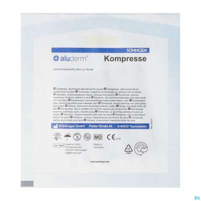 Sie sehen eine Packung Kompressen Aluderm Einzeln Steril 7,5x 7,5cm 1st, Produktbild: 02 Kompressen Aluderm Einzeln Steril 7,5x 7,5cm 1st, A-Nr.: 1712464 - 02
