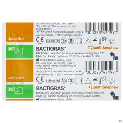 Sie sehen eine Packung Kompressen Bactigras Paraffingaze 5x 5cm 1st, Produktbild: 01 Kompressen Bactigras Paraffingaze 5x 5cm 1st, A-Nr.: 1603870 - 01