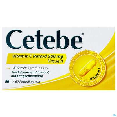Sie sehen eine Packung Cetebe Vitamin C -retard Kapseln 500mg 60st, Produktbild: 01 Cetebe Vitamin C -retard Kapseln 500mg 60st, A-Nr.: 1334022 - 01