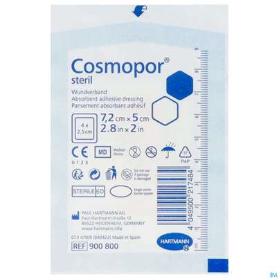 Sie sehen eine Packung Wundverband Cosmopor Steril Selbstklebend 7,2x 5cm 1st, Produktbild: 01 Wundverband Cosmopor Steril Selbstklebend 7,2x 5cm 1st, A-Nr.: 3012794 - 01