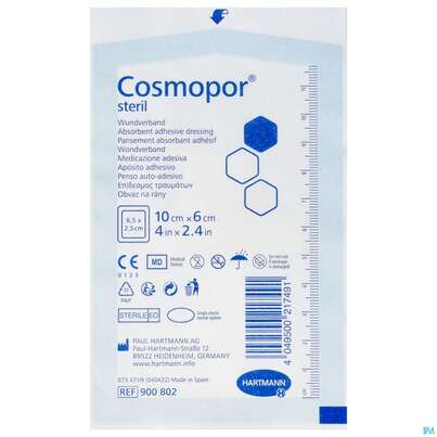 Sie sehen eine Packung Wundverband Cosmopor Steril Selbstklebend 10x 6cm 1st, Produktbild: 01 Wundverband Cosmopor Steril Selbstklebend 10x 6cm 1st, A-Nr.: 3012819 - 01