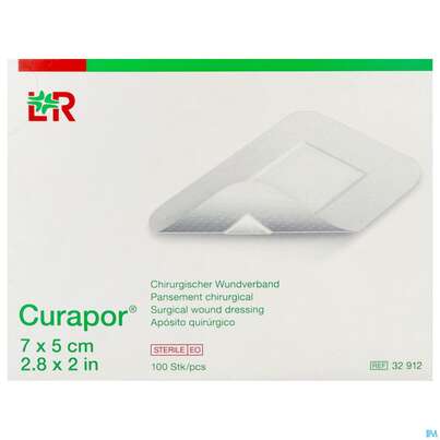 Sie sehen eine Packung Wundverband Curapor Steril Chirurgisch 7x 5cm 100st, Produktbild: 01 Wundverband Curapor Steril Chirurgisch 7x 5cm 100st, A-Nr.: 4041645 - 01