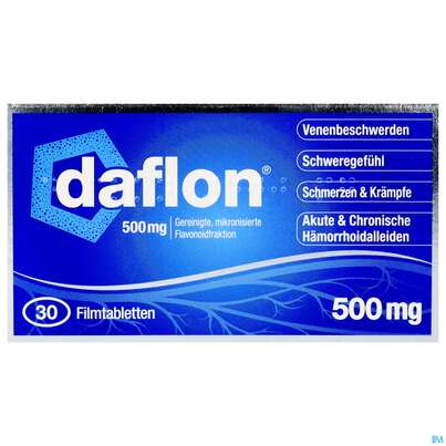 Sie sehen eine Packung Daflon Filmtabl 500mg 30st, Produktbild: 01 Daflon Filmtabl 500mg 30st, A-Nr.: 1287400 - 01