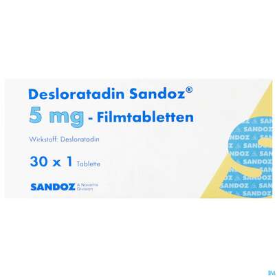 Sie sehen eine Packung Desloratadin-Sandoz Filmtabl 5mg 30st, Produktbild: 01 Desloratadin-Sandoz Filmtabl 5mg 30st, A-Nr.: 3909917 - 01
