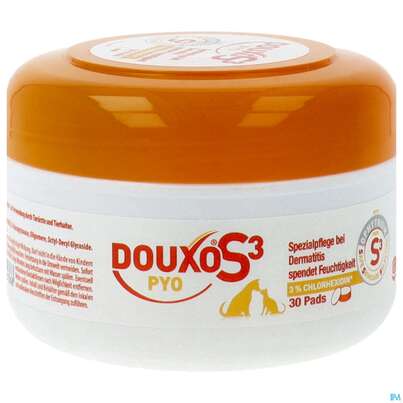 Sie sehen eine Packung Veterinaerprodukte Douxo Pyo/s3 Pads 30st, Produktbild: 01 Veterinaerprodukte Douxo Pyo/s3 Pads 30st, A-Nr.: 5416047 - 01