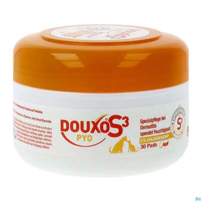 Sie sehen eine Packung Veterinaerprodukte Douxo Pyo/s3 Pads 30st, Produktbild: 02 Veterinaerprodukte Douxo Pyo/s3 Pads 30st, A-Nr.: 5416047 - 02