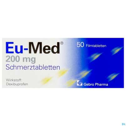 Sie sehen eine Packung Eu-med Schmerztabl 200mg 50st, Produktbild: 01 Eu-med Schmerztabl 200mg 50st, A-Nr.: 2442676 - 01