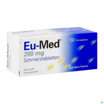 Sie sehen eine Packung Eu-med Schmerztabl 200mg 50st, Produktbild: 02 Eu-med Schmerztabl 200mg 50st, A-Nr.: 2442676 - 02