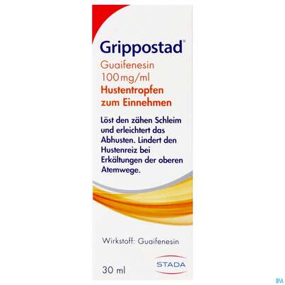 Sie sehen eine Packung Grippostad Guaifenesin Hustentropfen Z.einnehmen 100mg/ml 30ml, Produktbild: 01 Grippostad Guaifenesin Hustentropfen Z.einnehmen 100mg/ml 30ml, A-Nr.: 4984482 - 01