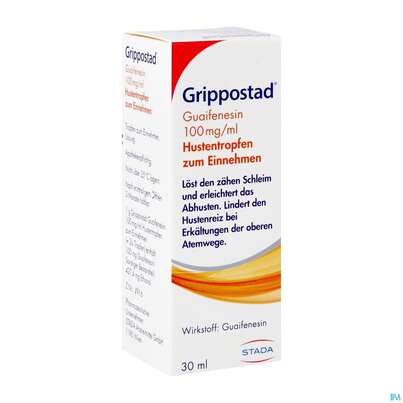 Sie sehen eine Packung Grippostad Guaifenesin Hustentropfen Z.einnehmen 100mg/ml 30ml, Produktbild: 02 Grippostad Guaifenesin Hustentropfen Z.einnehmen 100mg/ml 30ml, A-Nr.: 4984482 - 02