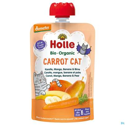Sie sehen eine Packung Holle Demeter Bio Fruechtepueree Ab 1 Jahr Carrot Cat Karotte Mango/banane/birne 100g, Produktbild: 02 Holle Demeter Bio Fruechtepueree Ab 1 Jahr Carrot Cat Karotte Mango/banane/birne 100g, A-Nr.: 5080825 - 02