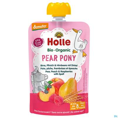 Sie sehen eine Packung Holle Demeter Bio Fruechtepueree Ab 1 Jahr Pear Pony Birne Pfirsich/himbee/dinkel 100g, Produktbild: 01 Holle Demeter Bio Fruechtepueree Ab 1 Jahr Pear Pony Birne Pfirsich/himbee/dinkel 100g, A-Nr.: 5080819 - 01