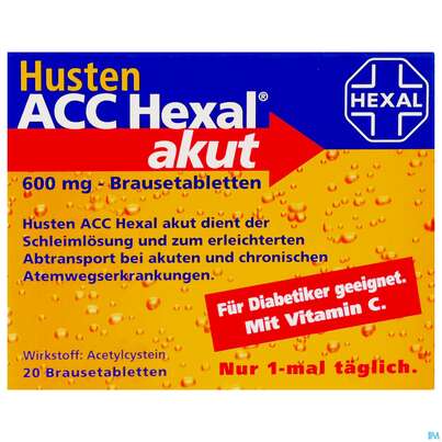 Sie sehen eine Packung Husten Acc Hexal Akut Brausetabl 600mg 20st, Produktbild: 01 Husten Acc Hexal Akut Brausetabl 600mg 20st, A-Nr.: 1346864 - 01