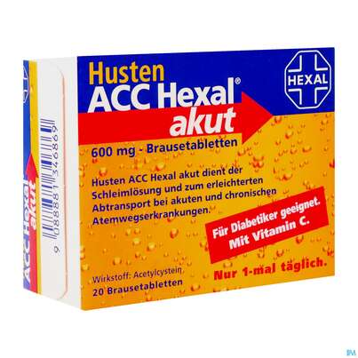 Sie sehen eine Packung Husten Acc Hexal Akut Brausetabl 600mg 20st, Produktbild: 02 Husten Acc Hexal Akut Brausetabl 600mg 20st, A-Nr.: 1346864 - 02