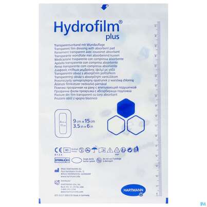 Sie sehen eine Packung Wundverband Hydrofilm/plus 9x 15cm 1st, Produktbild: 01 Wundverband Hydrofilm/plus 9x 15cm 1st, A-Nr.: 4261832 - 01