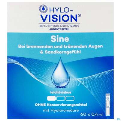 Sie sehen eine Packung Augentropfen Hylo-vision Sine 0,4ml 60st, Produktbild: 01 Augentropfen Hylo-vision Sine 0,4ml 60st, A-Nr.: 3829555 - 01