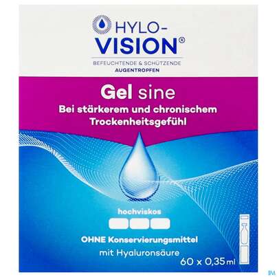 Sie sehen eine Packung Augentropfen Hylo-vision Sine Gel 0,35ml 60st, Produktbild: 01 Augentropfen Hylo-vision Sine Gel 0,35ml 60st, A-Nr.: 3829578 - 01