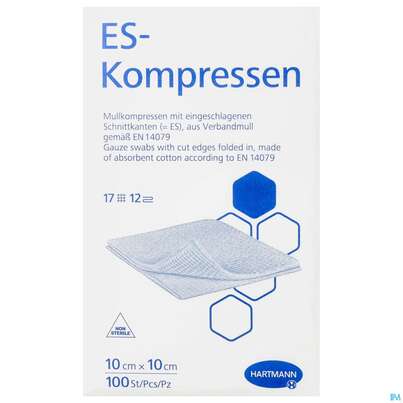 Sie sehen eine Packung Mullkompressen-es Hartmann/unsteril 12fach 17faedig 10x 10cm 100st, Produktbild: 01 Mullkompressen-es Hartmann/unsteril 12fach 17faedig 10x 10cm 100st, A-Nr.: 1152953 - 01