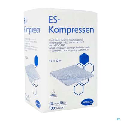 Sie sehen eine Packung Mullkompressen-es Hartmann/unsteril 12fach 17faedig 10x 10cm 100st, Produktbild: 02 Mullkompressen-es Hartmann/unsteril 12fach 17faedig 10x 10cm 100st, A-Nr.: 1152953 - 02