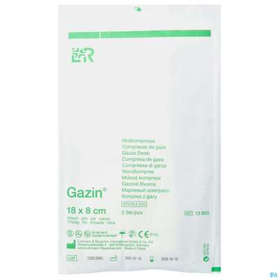 Sie sehen eine Packung Mullkompressen Gazin Baumw.17faedig Steril 16fach 18x 8cm 2st, Produktbild: 01 Mullkompressen Gazin Baumw.17faedig Steril 16fach 18x 8cm 2st, A-Nr.: 2570173 - 01