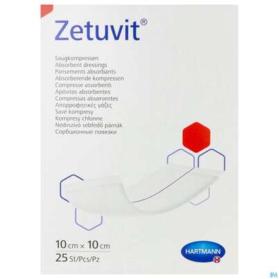 Sie sehen eine Packung Zetuvit Saugkompressen Steril 10x 10cm 25st, Produktbild: 01 Zetuvit Saugkompressen Steril 10x 10cm 25st, A-Nr.: 1039642 - 01