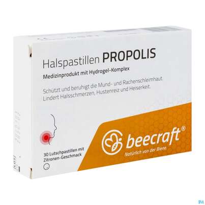 Sie sehen eine Packung Propolis Beecraft Halspastillen 62011 30st, Produktbild: 02 Propolis Beecraft Halspastillen 62011 30st, A-Nr.: 5722821 - 02