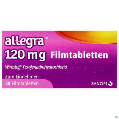 Sie sehen eine Packung Allegra Filmtabl 120mg 30st, Produktbild: 01 Allegra Filmtabl 120mg 30st, A-Nr.: 5515973 - 01