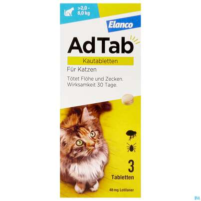Sie sehen eine Packung Adtab F Katzen Kautabl 48mg (2-8kg) 3st, Produktbild: 01 Adtab F Katzen Kautabl 48mg (2-8kg) 3st, A-Nr.: 5530642 - 01