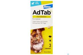 Sie sehen eine Packung Adtab F Katzen Kautabl 48mg (2-8kg) 3st, Produktbild: 01 Adtab F Katzen Kautabl 48mg (2-8kg) 3st, A-Nr.: 5530642 - 01