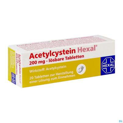 Sie sehen eine Packung Acetylcystein-hexal Lösbare Tabl 200mg 20st, Produktbild: 02 Acetylcystein-hexal Lösbare Tabl 200mg 20st, A-Nr.: 3771672 - 02