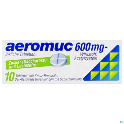 Sie sehen eine Packung Aeromuc Tabl Löslich 600mg 10st, Produktbild: 01 Aeromuc Tabl Löslich 600mg 10st, A-Nr.: 1284962 - 01