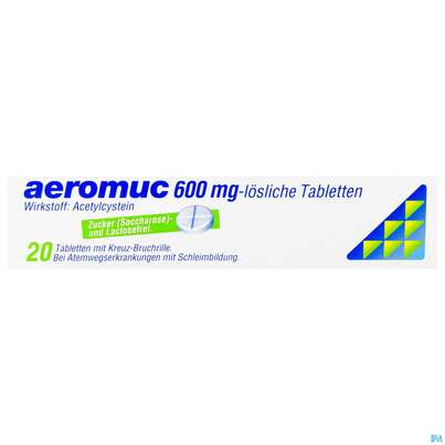 Sie sehen eine Packung Aeromuc Tabl Löslich 600mg 20st, Produktbild: 01 Aeromuc Tabl Löslich 600mg 20st, A-Nr.: 2423420 - 01